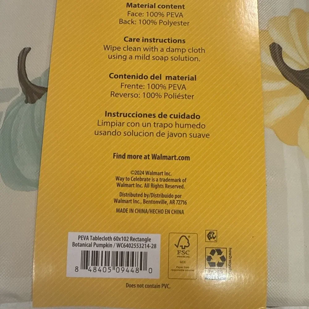 Harvest Rectangle Peva Tablecloth 60x102‎ Thanksgiving Fall Autumn Holidays